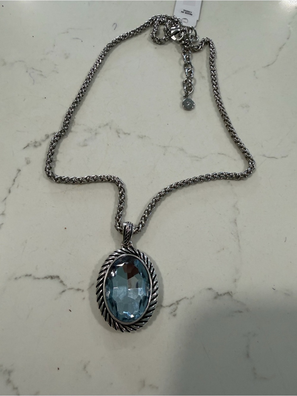Silver Necklace with Light Blue Oval Pendant
